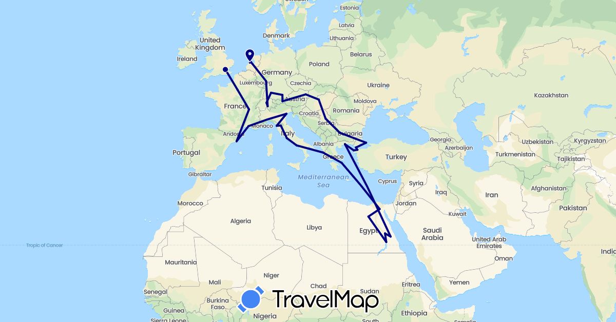 TravelMap itinerary: driving in Austria, Bulgaria, Switzerland, Germany, Egypt, Spain, France, United Kingdom, Greece, Hungary, Italy, Netherlands, Serbia, Turkey (Africa, Asia, Europe)